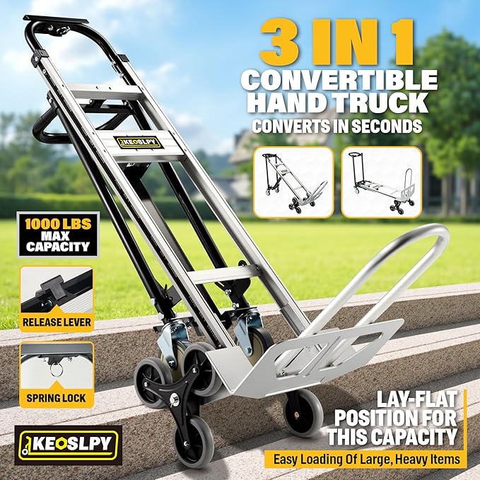 3 in 1 Industrial Convertible Hand Truck, 1000 LBS Capacity Heavy Duty Platform Cart, Utility Aluminum Collapsible Dolly with Stair Climbing Wheels and Dual Handles for Transport, Moving