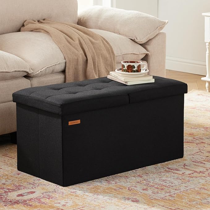 HAUSFRAU - 30 Inches Storage Ottoman Bench with Flipping Lid, Foldable Storage Chest Foot Rest for Living Room, Bedroom, Entryway, Load 660 lb, Linen Black