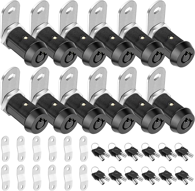 PTEROMY 12 Pack Cabinet Lock with Keys, 1-1/8'' Heavy Duty Tubular Cam Lock for RV Compartment Storage Locks, Full Set of RV Cam Locks (Black, 1-1/8'', 12 Pack)