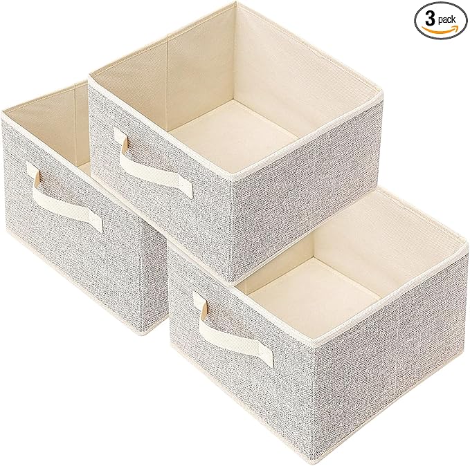 Storage Baskets, 11-Inch Woven Fabric Bins, Storage Cubes with Reinforced Handles, Organizer Bins for Closet Shelves, Foldable, for Toys, Clothes, Natural Beige (3PCS/Beige-11*11*7.8inch)