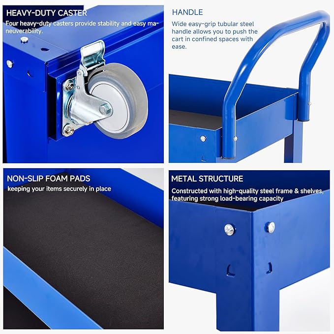 3 Tray 29.3 inch Tool Cart, self Assembly, 300 LBS Capacity Rolling Tool Carts on Wheels, Heavy Duty Utility Cart, Mechanic Tool Storage Cart for Garage, Warehouse and Repair Shop, Blue