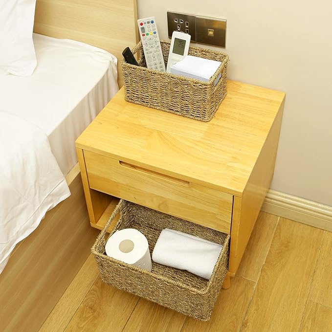 HOONEX Wicker Baskets for Storage, Seagrass Baskets with Dual Handles, Woven Baskets for Shelves, Set of 2, Natural