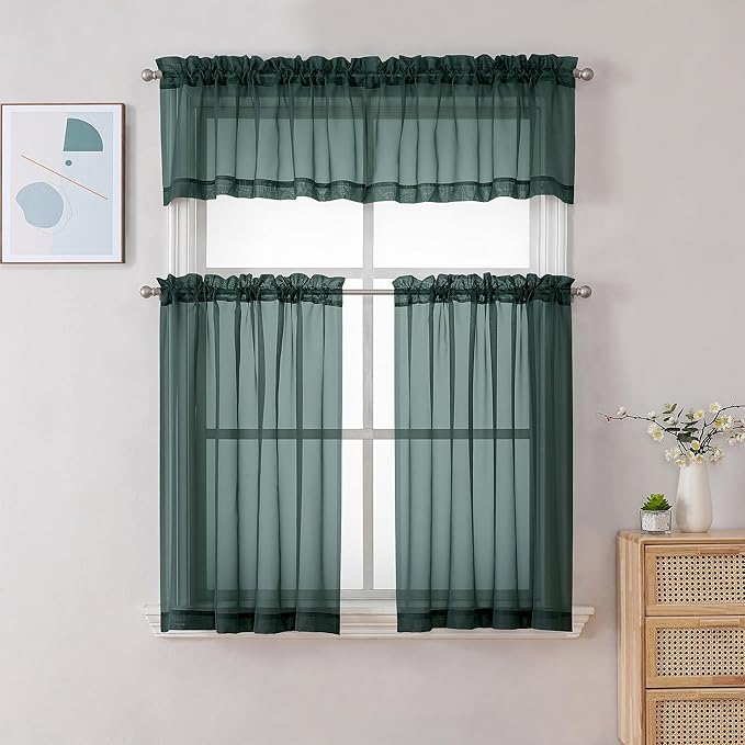 Chyhomenyc Hunter Green Sheer Curtains 36 inch Length 2 Panels, Light Filtering Voile Rod Pocket Short Window Curtians for Bathroom Living Room Farmhouse Small Windows, 42Wx36L inches