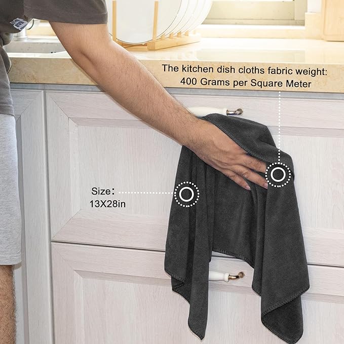 kimteny 13x28 Inches Kitchen Cloth Dish Towels, 400 GSM Premium Dishcloths, Super Absorbent Coral Velvet Microfiber Cleaning Cloths, Fast Drying Rags for Washing Dishes (8 Pack, Dark Grey)