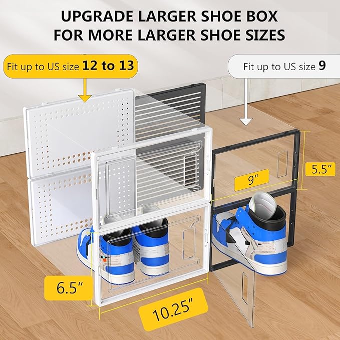 Secret Space 12 Pack XX Large Shoe Storage Organizer for Closet, Modular Space Saving Shoe Boxes Clear Plastic Stackable Containers Display Case Bins with Lids, Shoe Rack for Sneaker Storage, White02