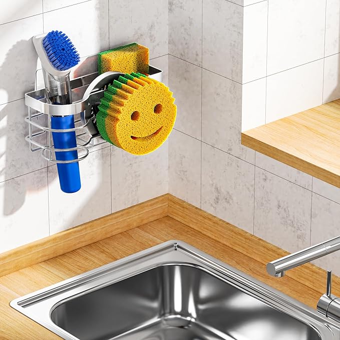 Cisily Smiley Sponge Holder for Kitchen Sink Caddy, Stainless Steel Movable Brush Holder Dish Cloth Hanger, Suction Cup Sink Caddy Organizer Scrubber Accessories (Silver)