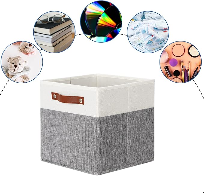 DULLEMELO 11x11 Storage Cubes, Collapsible Sturdy Cube Storage Bins With Handles for Organizing,Fabric Storage Cubes Baskets for Shelves Nursery Closet Home Organization and Storage (White&Grey)