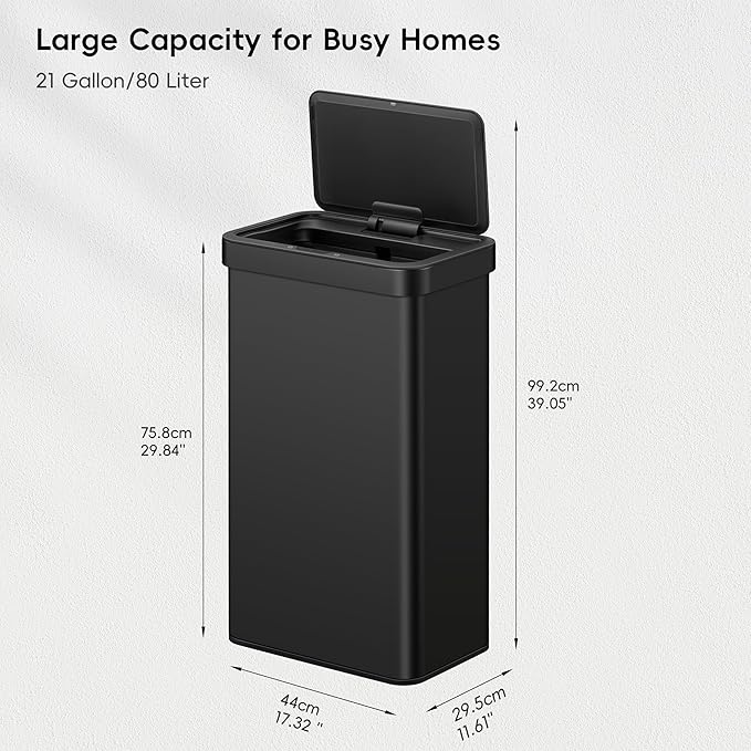 EKO Nova Sensor Trash Can, 21 Gallon/80 Liter Stainless Steel Rectangular Touchless Motion Sensor Trash Can, Matte Black