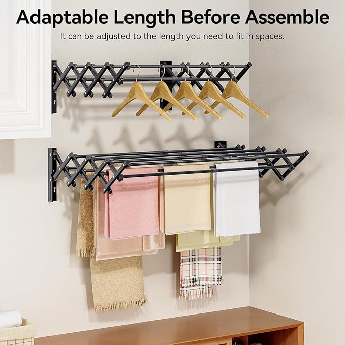 APEXCHASER Clothes Drying Rack Wall Mount, Laundry Drying Rack, Accordion Collapsible Clothes Airer, Towel Racks for Bathroom Balcony Laundry Room Wall Mounted, Drying Rack for Clothing, Black