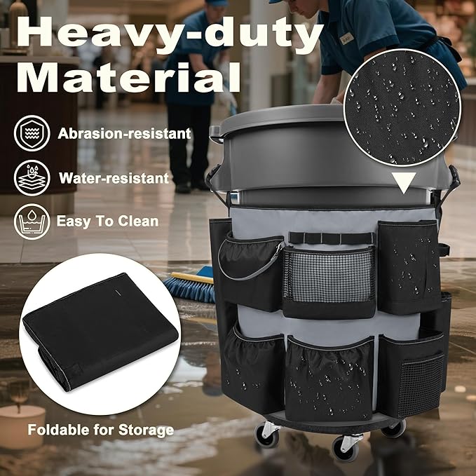 32-55 Gallon Trash Can Caddy Bag, Garbage Bin Apron Caddy with Multiple Pockets for Cleaning Supplies, Cleaning Tool Organizer with Adjustable Buckle for Janitorial Trash Can, Black+Gray
