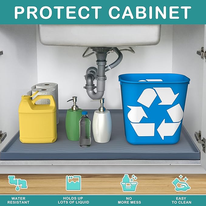URMONA Waterproof Silicone Under Sink Mat 25'' x 22'' Shelf Liner for Kitchen and Bathroom, Cabinet and Counter Protector, Storage and Organizers, Litter Mat, Pet Cat Puppy Essentials(Dark Grey)
