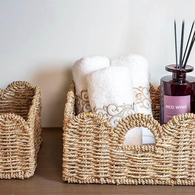 Scalloped Basket 2 Pack Wicker & Rattan Storage with Built-in Handles, Decorative Woven Seagrass Basket for Nursery & Bathroom Organization