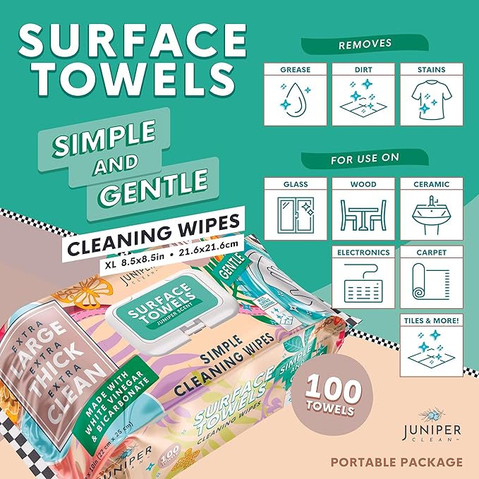 3 Packs Surface Cleaning Wipes Bleach Free, Thick & Large Dispose, All-Purpose Cleaner for Bathroom, Kitchen, Office, 300 Count Soft Flow, Biodegradable, Juniper Scent