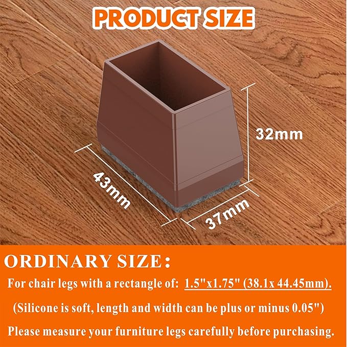 Rectangle Chair Leg Protectors for Hardwood Floors,16 PCS Silicone Covers to Protect Wood Tile Floors Felt Pads Furniture Leg Caps Reduce Noise. Easy to Move.(Brown,1.5 x 1.75 Inch,Rectangle)