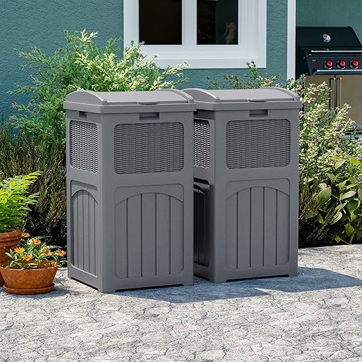 Patiowell 36 Gallon Outdoor Trash Can, Resin Outdoor Garbage Can with Lid for Patio, Backyard, Deck, Gray (2 Pack)