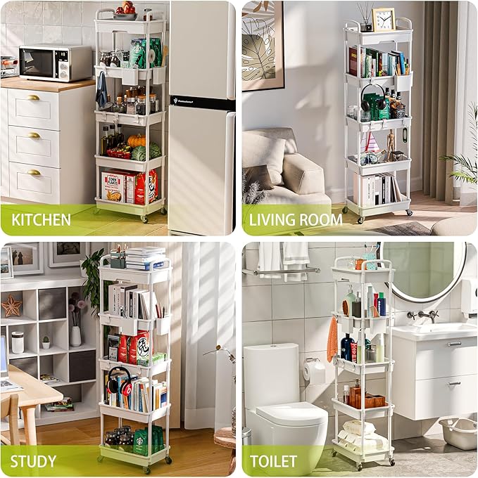 5 Tier Rolling Cart Organizer,Bathroom Cart Organizers with Wheels Laundry Room Organization Mobile Shelving Unit Utility Cart Storage Shelves Multi-Functional for Office, Home(White)