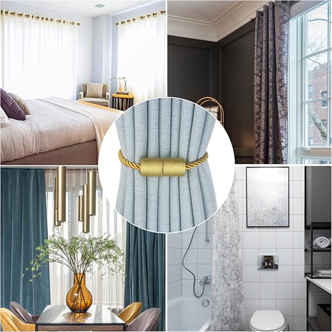 Magnetic Curtain Tiebacks 2 Pack Gold Curtain Rope Tieback Curtain Holders for Drapes Modern Tie Backs Decorative Curtain Holdbacks