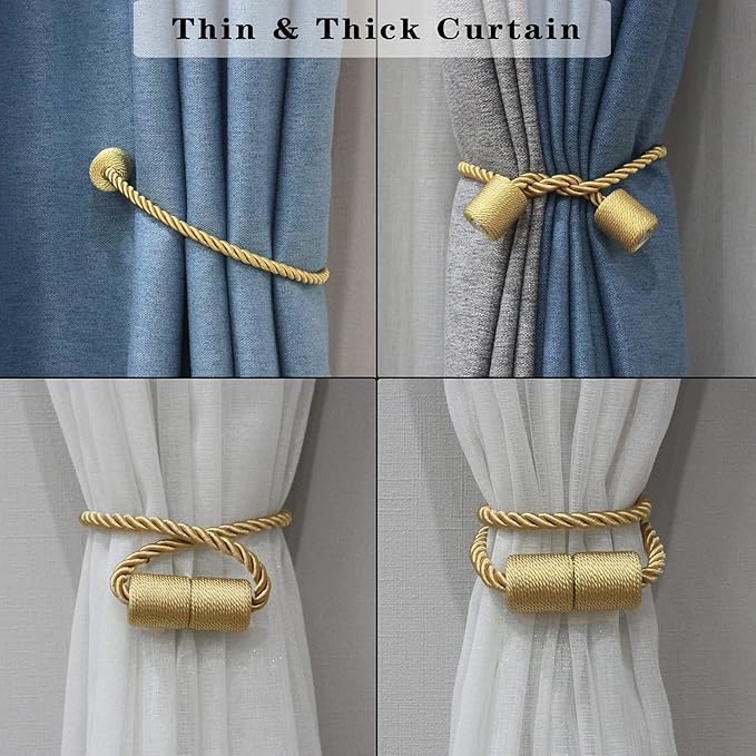 2 Pack Strong Magnetic Curtain Tiebacks Outdoor Elegant Decorative Tie Backs Modern Rope Tiebacks for Drapes Window Curtain Holdbacks for Draperies- Gold