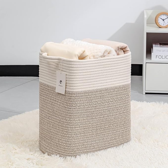 Medium and Large Woven Basket//With Handle, Used for Toys and Fabric Storage Basket used for Storing xl Storage Box, Decorative Storage Box Room (14L*15.7H WWhite Brown, 14L*10W*15.7H)