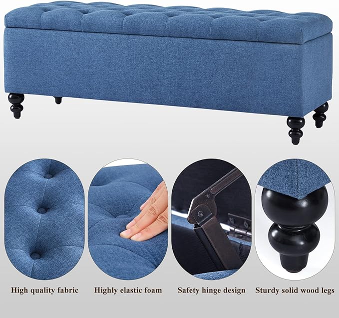 Storage Ottoman 50.2 Inches Upholstered Fabric Storage Ottoman Bench，Button Tufted Ottoman with Storage for Living Room，Bedroom End of Bed Bench Withstands 302lbs (Blue)