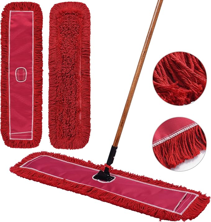 Matthew Cleaning 36'' Industrial Strength Cotton Dust Mop Refill Washable Replacement Heads for Residential & Commercial Use Fit Standard Dust Mop Frames, Hardwood, Concrete Floors Red 12 Pack