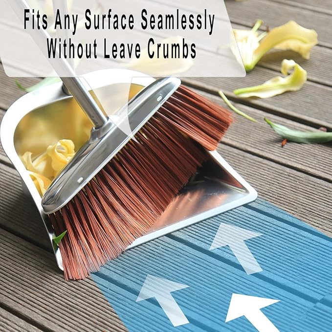 Broom and Dustpan Set for Home, 56" Kitchen Broom with Dustpan Combo Set, Heavy Duty Dustpans with Long Handle, Upright Metal Dust Pan Brooms for Sweeping Indoor Outdoor Home Office Lobby Floor
