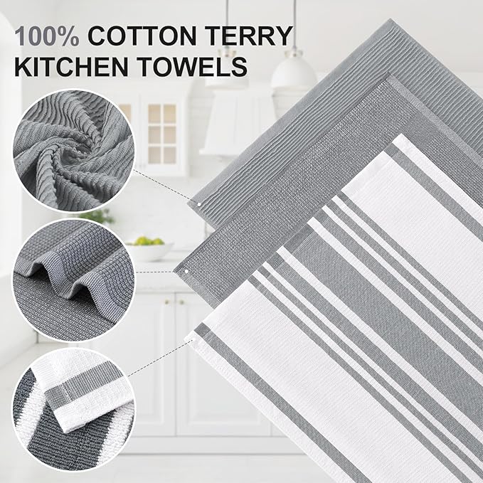 Homaxy Premium Kitchen Towels(18”x 28”, 12 Pack), Large Cotton 380 GSM Kitchen Hand Towels, Soft and Absorbent Terry Dish Towels, Multipurpose Tea Towel Set with Hanging Loop, Grey