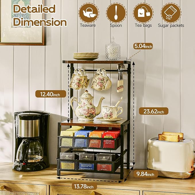 Pinzoveco Tea Bag Organizer, Large Tea Organizers and Storage Box,2 Drawers Tea Bags Holder Wood Tea Box Containers Tea Station Chest Display for Kitchen Organizers and Storage, Black