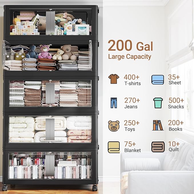 BROVIEW 800QT Stackable Storage Bins with Lids, 200Gal Extra Large Collapsible Storage Box with Wheel, Plastic Storages with Clear Door Open Front for Home Kitchen Garage, Black-5pack(5 lids)