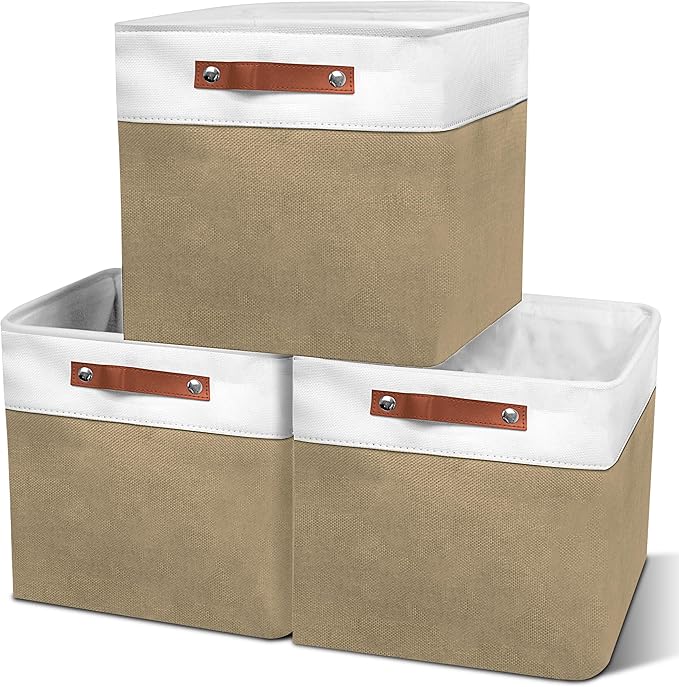 11in Open Fabric Storage Basket with Leather Handles for Organizing, Collapsible Linen Closet Bins for Shelves, Closets, Laundry, Decorative Basket for Gifts. (White＆Khaki, 3PCS/11x11in)