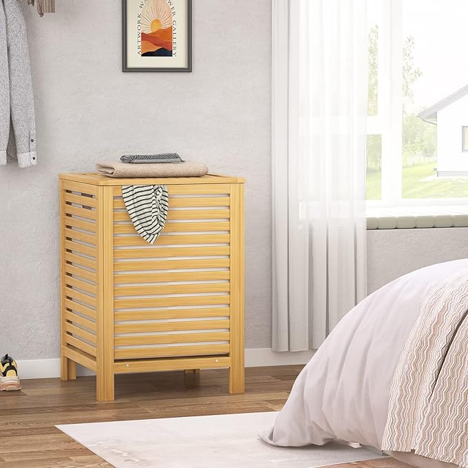 Homykic Bamboo Laundry Hamper with Lid, 120L Large Clothes Laundry Sorter with Removable 2-Section Liner Bag, Raised Laundry Basket Organizer for Clothing, Bathroom, Bedroom, Laundry Room, Natural
