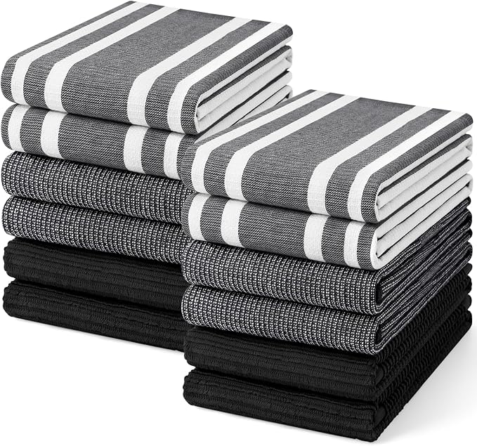 Homaxy Premium Kitchen Towels(18”x 28”, 12 Pack), Large Cotton 380 GSM Kitchen Hand Towels, Soft and Absorbent Terry Dish Towels, Multipurpose Tea Towel Set with Hanging Loop, Black