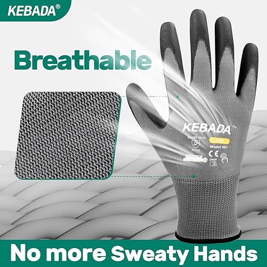 Kebada W1 Work Gloves for Men and Women, PU Coated Safety Gloves with Grip, Touchscreen, Ideal for Warehouse Package Handling, Construction, Gardening, 12 Pairs Gray XXL