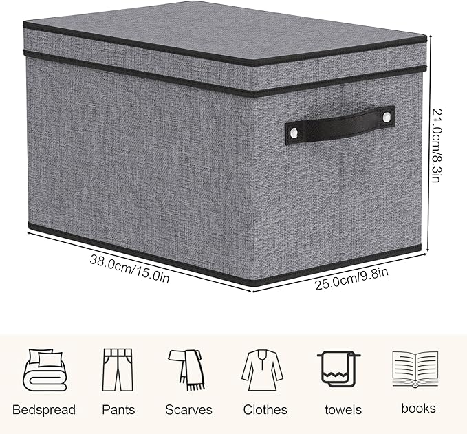 Storage Boxes, 15 x 9.8 x 8.3 Inch Baskets for Organizing with Lids, Fabric Bins with Handles, Decorative Linen Closet Organizers, Gray, 3 Pack