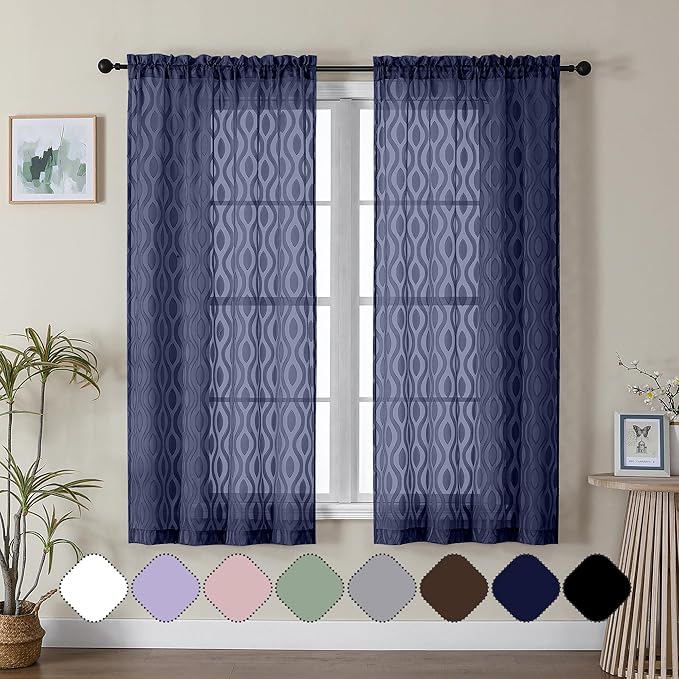 Aiyufeng Blue Sheer Curtains 63 Inch Length 2 Panels Set, Airy Light Filtering Solid Clip Jacquard Farmhouse Curtians for Bedroom Living Room, Modern Wavy Line Panel Curtains, 40" WX63 L Inches