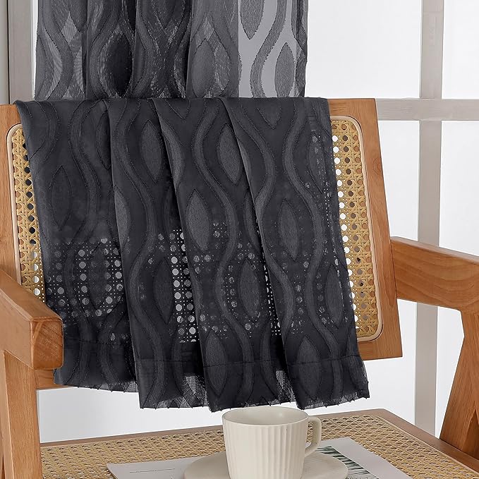 Aiyufeng Black Kitchen Curtains 14 Inch Length, Clip Jacquard Chic Wavy Line Black Valances for Windows, Lightweight Airy Rod Pocket Short Curtains for Bathroom Basement, 2 PCS, 40" Wx14 L Inches