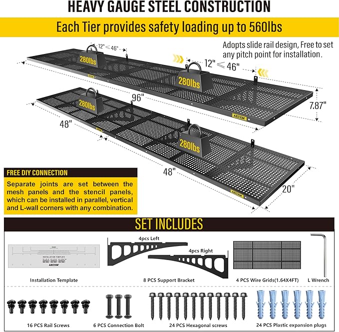 4-Pack 1.64x4ft Adjustable Garage Wall Shelving 1120lbs Load Capacity Heavy Duty Wall Mounted Storage Shelf Metal Floating Shelves for Garage(Black)