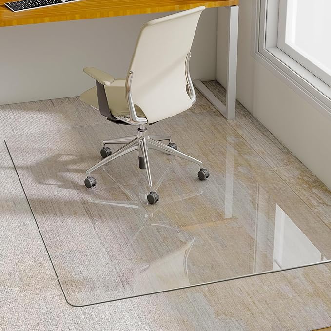 GLSLAND 47"x32" Tempered Glass Chair Mat Heavy-Duty Floor Protector for Carpet & Hard Floors Scratch-Resistant Office Computer Desk Mats Clear