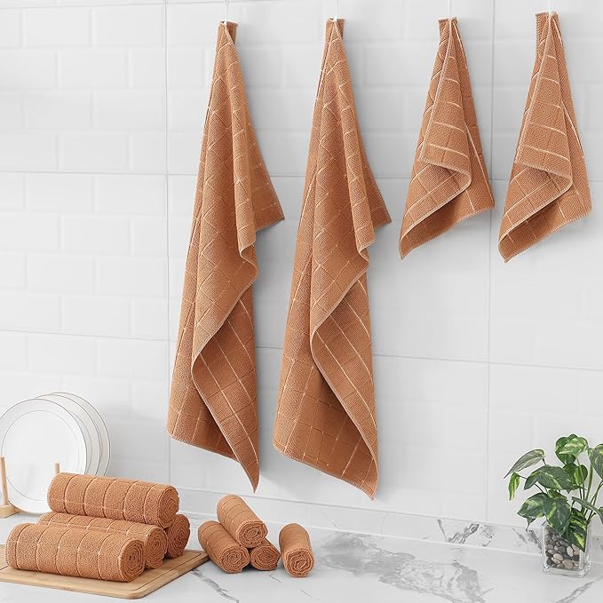 Homaxy Microfiber Kitchen Towels and Dishcloths Set, 12 Pack Soft and Absorbent Dish Hand Towels Bulk, 28 x 16 Inch & 12 x 12 Inch Quick Drying Rags for Washing Dishes, Camel
