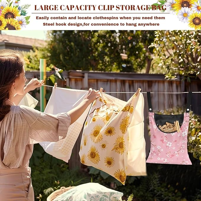 Clothespin Bag, Hanging Laundry Bag, Clothes Lines for Hanging Clothes Outside, Hanging Storage Organizer with Hanging Rope for Home Outdoor - Cherry Blossom Pink