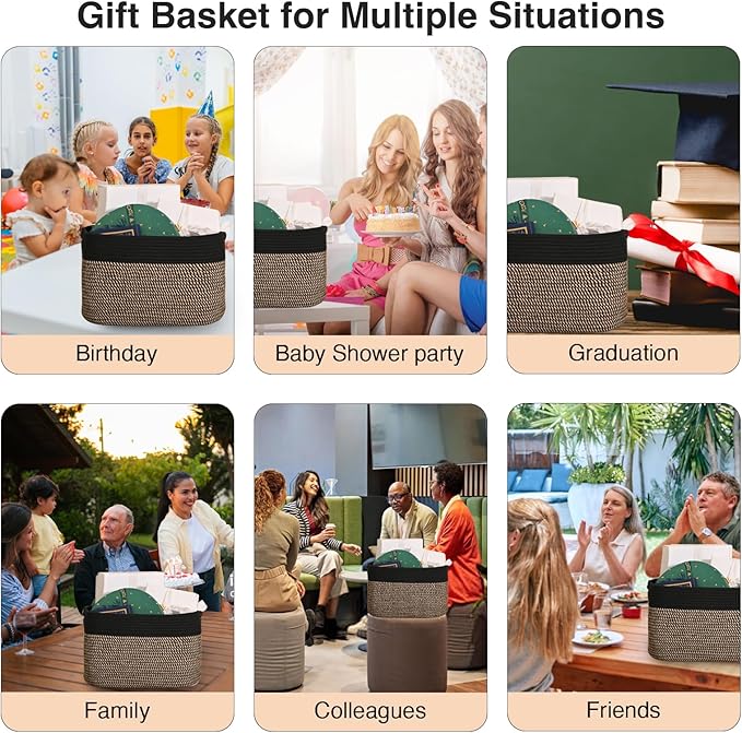 Woven Cotton Rope Storage Basket for Organizing, Cute Decorative Baskets for Gifts Empty, Organizer Bins for Dog Toy, Baby Laundry, 15“×11”×9.5“, Jute & Black