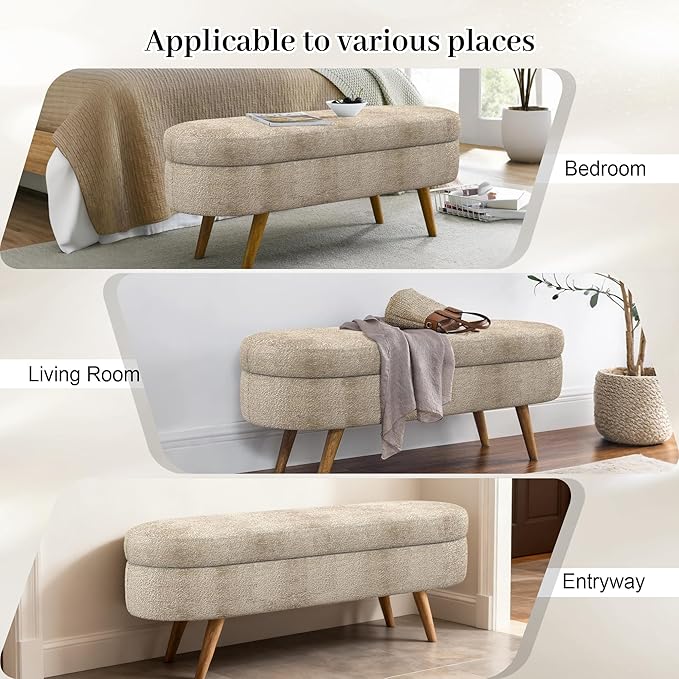 Storage Bench, 43" Storage Ottoman Bench, Shoe Storages Benches for Bedroom, Upholstered Entryway Benches with Seating, Rubber Wood Legs for Bedroom, Living Room, Entryway, Bed Side, Brown