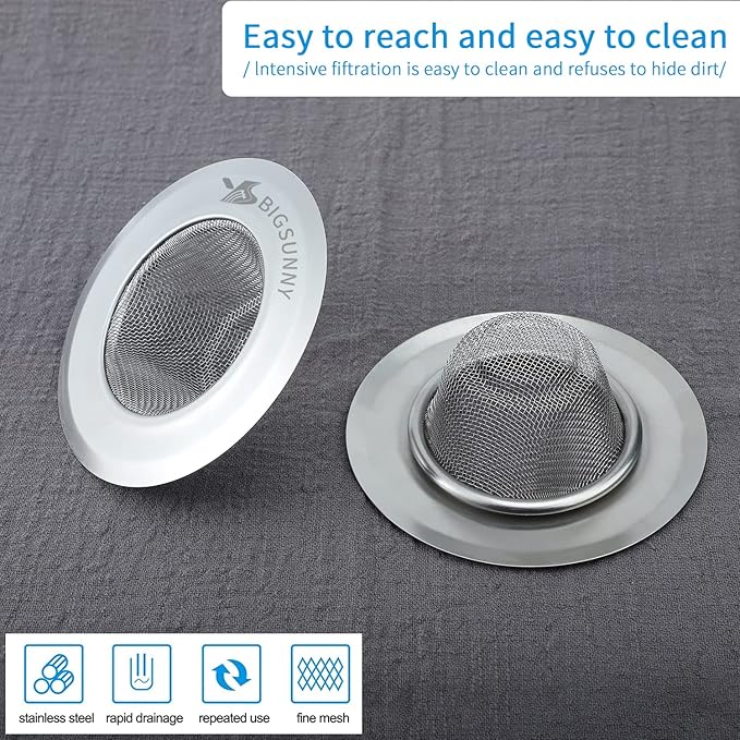 Mesh Sink Strainer Set of 2, MSY BIGSUNNY Stainless Steel Kitchen Sink Strainer Kitchen Drain Strainer with Large Wide Rim 4.5 inch Diameter for Kitchen Sinks