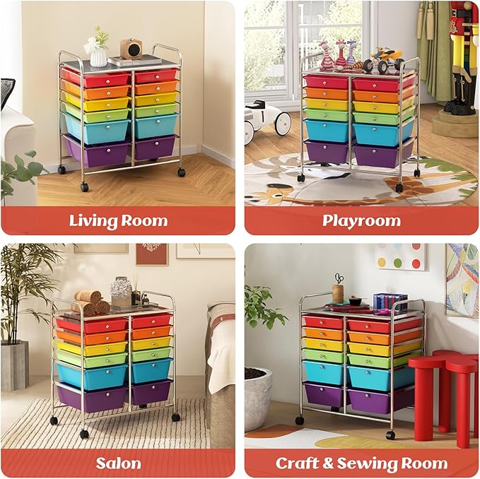 GOFLAME 12-Drawer Rolling Storage Cart, Multipurpose Organizer Cart with 2 Sizes Plastic Drawers, Mobile Utility Cart with Lockable Casters for School, Home Office, Beauty Salon, Multicolored