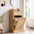 Tilt Out Laundry Hamper Cabinet, 10 Gallon Farmhouse Trash Can Cabinet with Drawer, Hidden Wood Garbage Can Bin Cabinets with Laundry Storage Basket for Bathroom, Kitchen, Natural