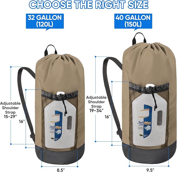 BALEINE 150L Laundry Bag Backpack, 900D Oxford Fabric Large Travel Laundry Bags with Shoulder Straps and 2 Mesh Pockets for College Dorm, Apartment, Laundromat (Khaki, 150L)
