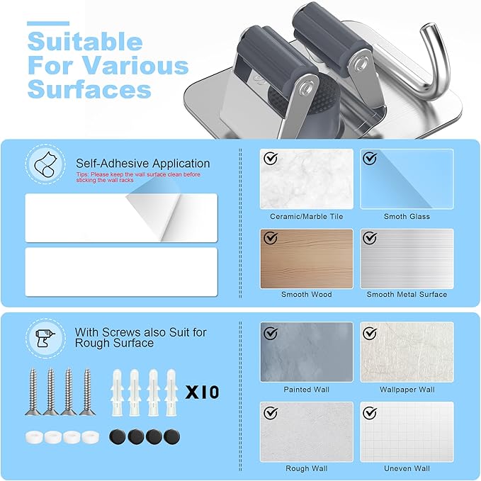 4 Pack Stainless Steel Mop and Broom Gripper with Hook, Screw Drilling or Self Adhesive Mop and Broom Holder Wall Mount, Storage Rack for Closet Laundry Garage Garden Tool Organizer, Silver