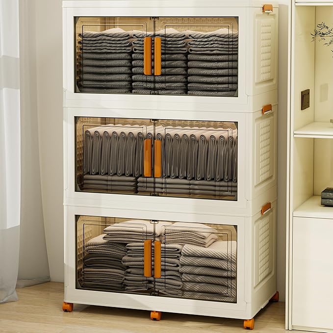 3 Tier Extra Large Stackable Storage Bins with 1 Lid 155 QT/Tier, Collapsible Plastic Box Storage Bin with Wheels, Home Containers Boxes Closet Organizers forLiving Room, Office, Dorm