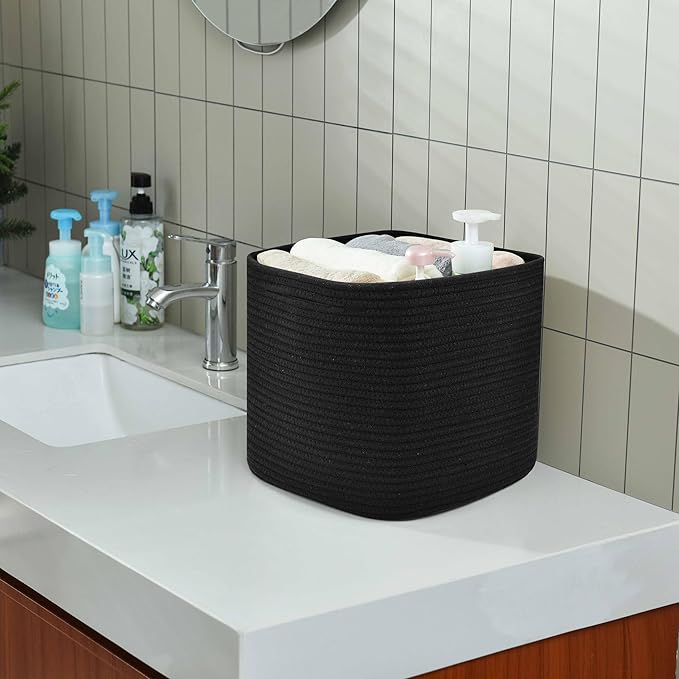 3 Pack Storage Cubes 11 Inch Cotton Rope Woven Baskets for Organizing Cube Bin Square Shelves Organizer,Classroom,Kids Toy Bins,Closet,Baby Nursery(Black)