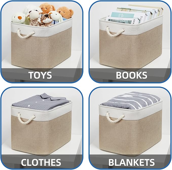 Temary Fabric Storage Baskets 2 Pack Decorative Storage Bins Basket for Gifts Empty Shelf Baskets with Handles for Organizing Home Closet, Towels (White&Khaki,16Lx12Wx12H Inches)